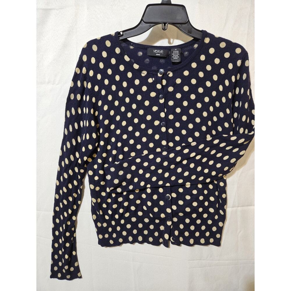Verve Ami Women Sweater Size Medium Polka Dot Blue/ivory Long Sleeve